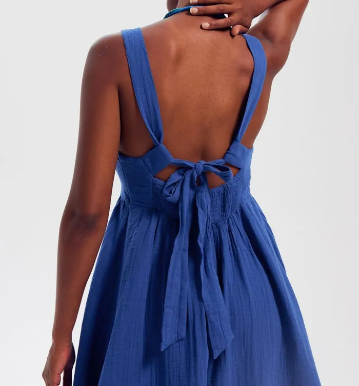Women Cotton Gauze LowBack Dress 8211 Blue Promod Dresses