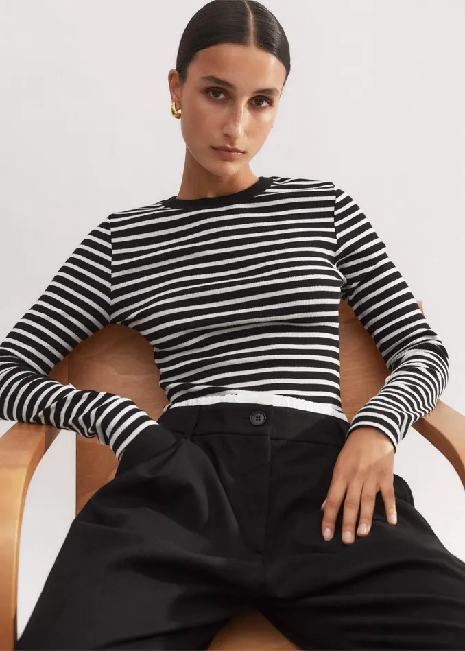 Women Cotton Stripe Rib Long Sleeve Top Blackwhite MEEM