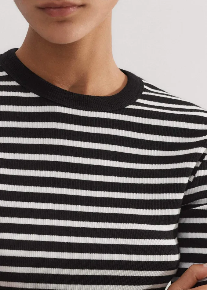 Women Cotton Stripe Rib Long Sleeve Top Blackwhite MEEM