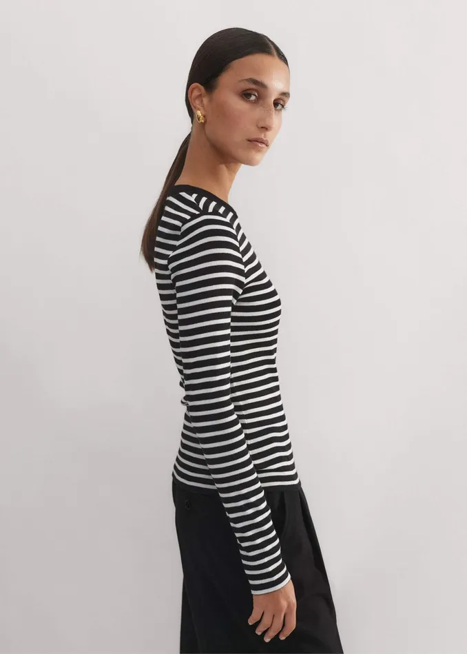 Women Cotton Stripe Rib Long Sleeve Top Blackwhite MEEM