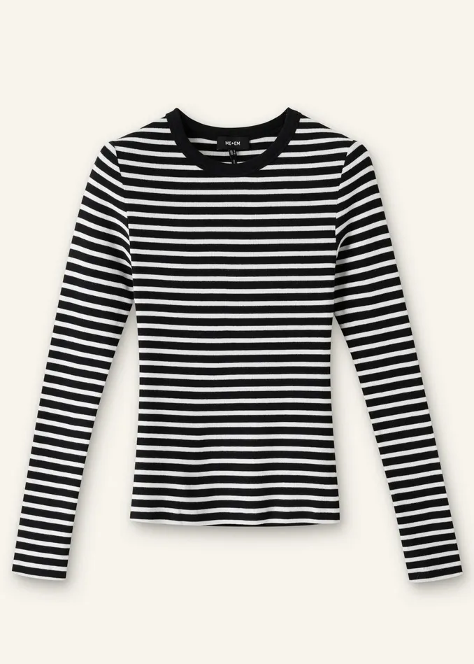 Women Cotton Stripe Rib Long Sleeve Top Blackwhite MEEM