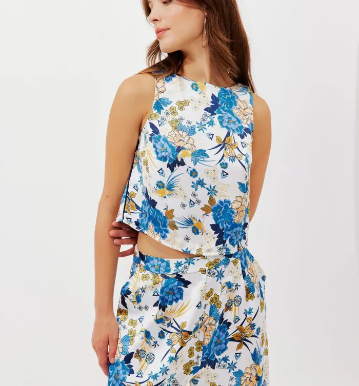 Women Crop Top In Patterned Satin 8211 Ecru Print Promod Tops