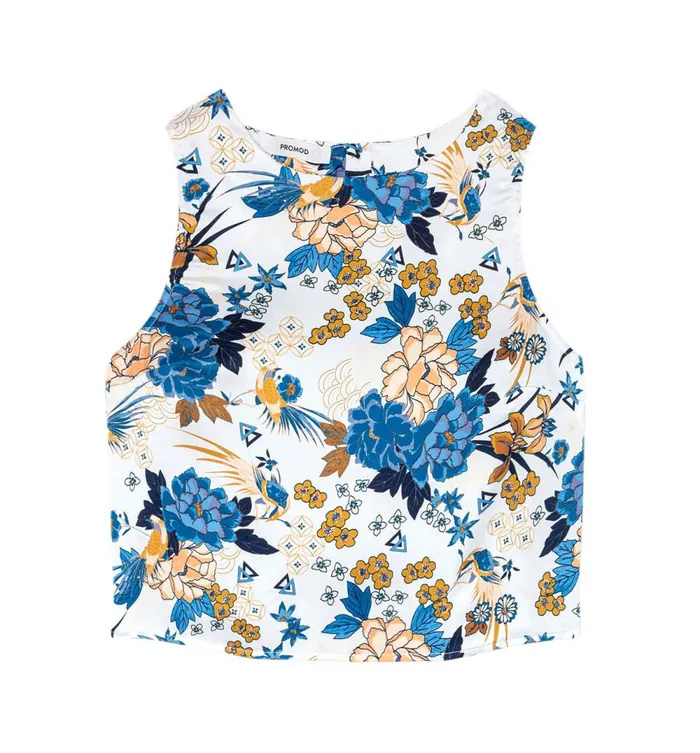 Women Crop Top In Patterned Satin 8211 Ecru Print Promod Tops