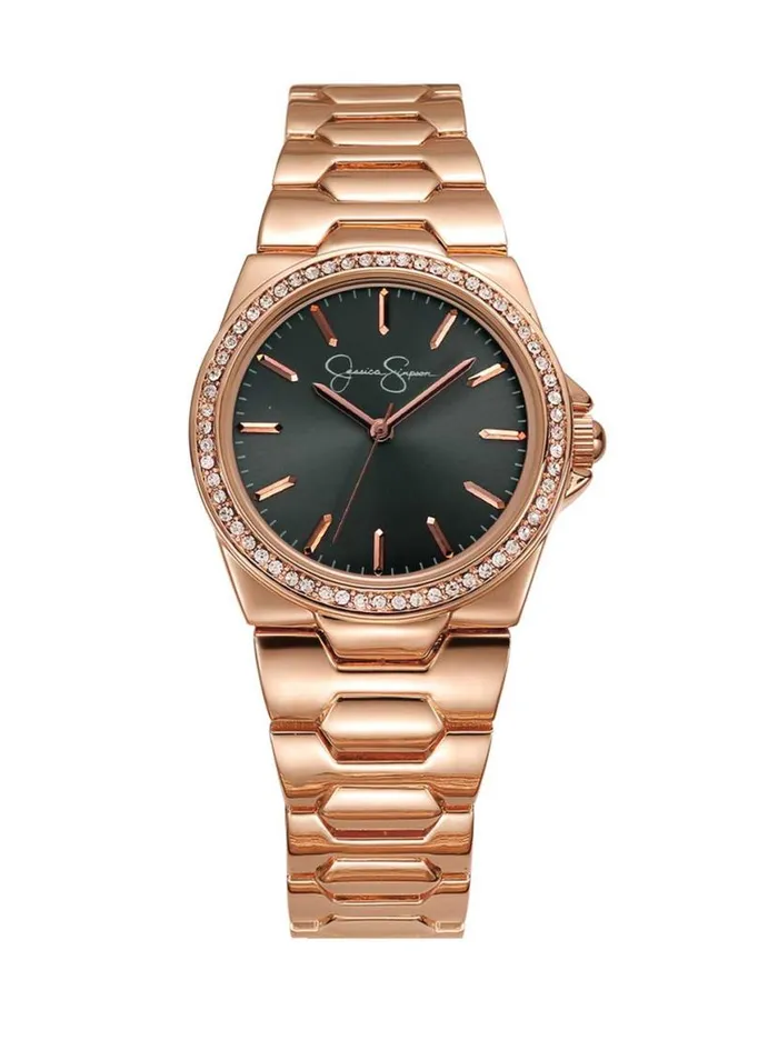 Women Crystal Bezel Bracelet Watch In Rose Gold Tone Jessica Simpson Watches