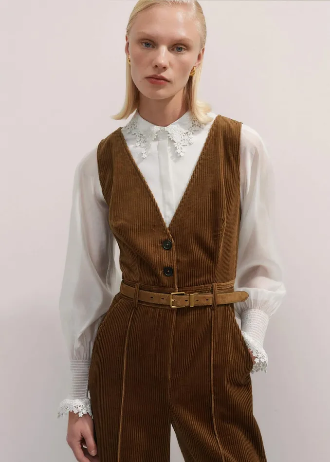 Women Daisy Embroidered Edge Layering Blouse Cream MEEM