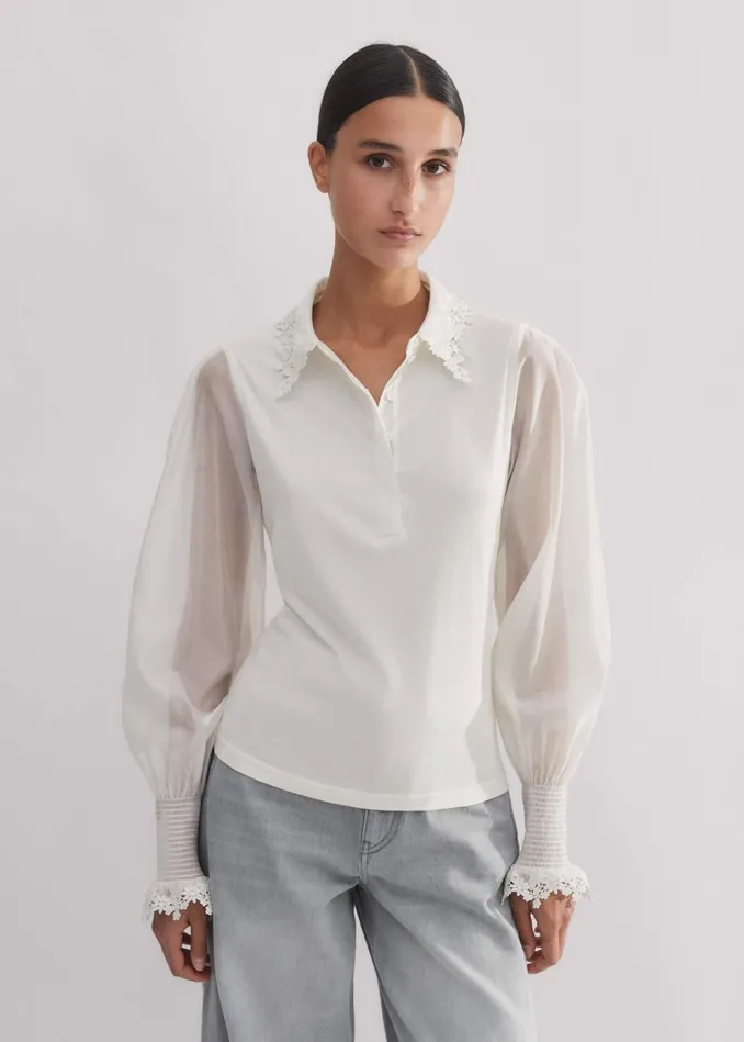 Women Daisy Embroidered Edge Layering Blouse Cream MEEM