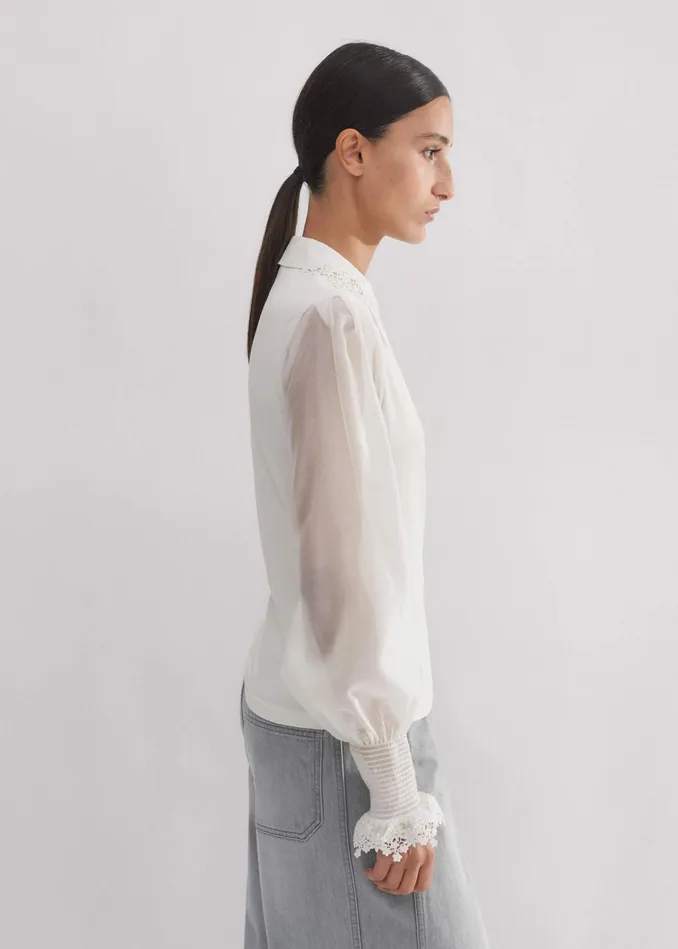 Women Daisy Embroidered Edge Layering Blouse Cream MEEM