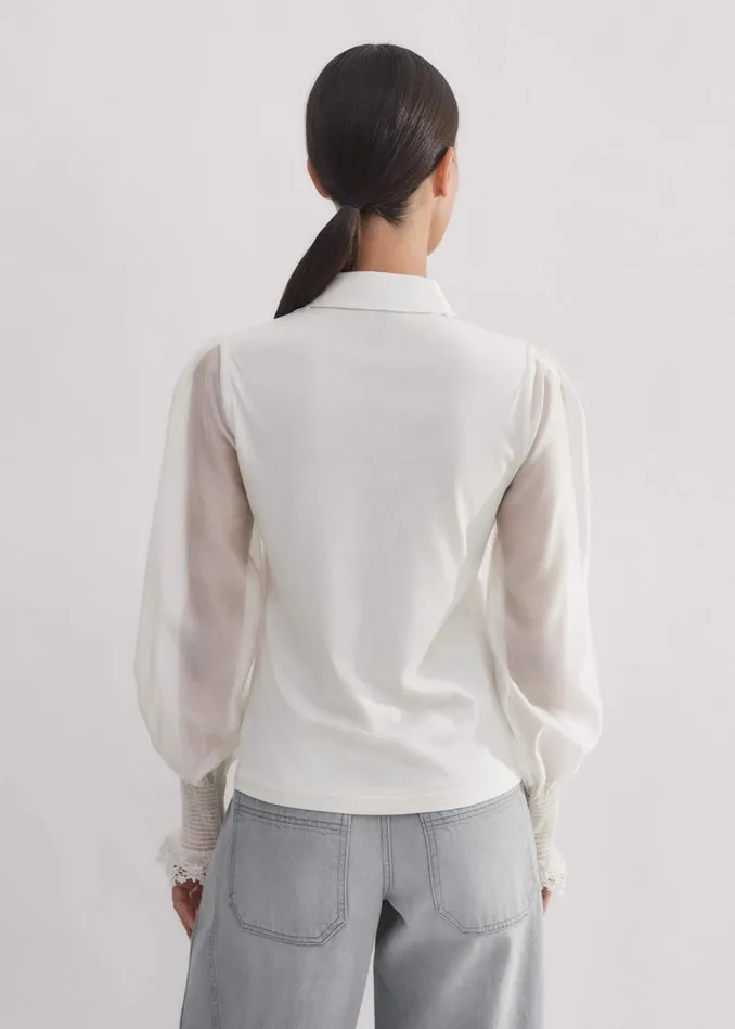 Women Daisy Embroidered Edge Layering Blouse Cream MEEM