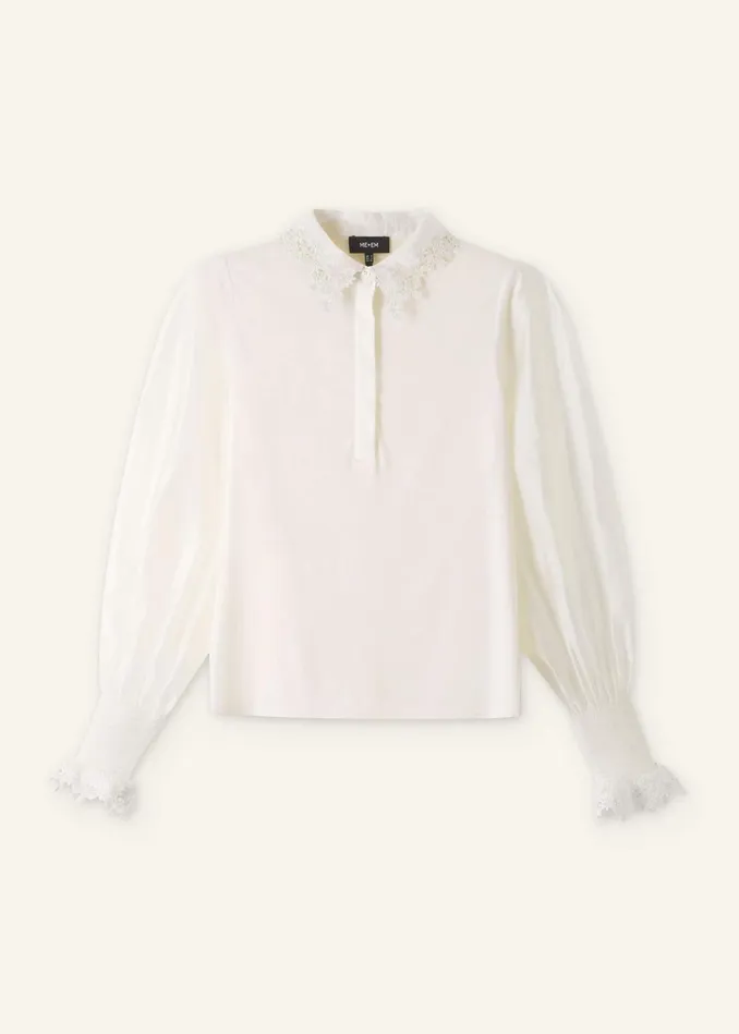 Women Daisy Embroidered Edge Layering Blouse Cream MEEM