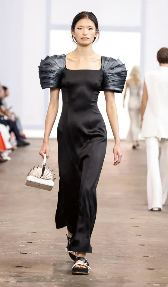 Women Dresses Gabriela Hearst Duchess Dress In Black Silk Satin With Metallic Nappa Leather Shoulders