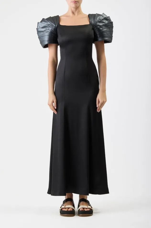 Women Dresses Gabriela Hearst Duchess Dress In Black Silk Satin With Metallic Nappa Leather Shoulders