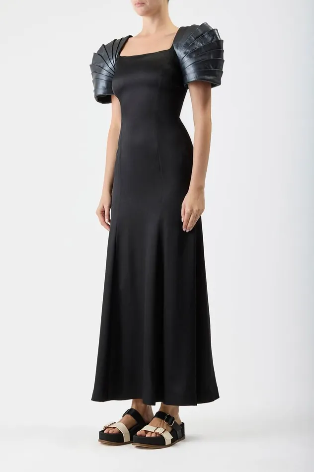 Women Dresses Gabriela Hearst Duchess Dress In Black Silk Satin With Metallic Nappa Leather Shoulders