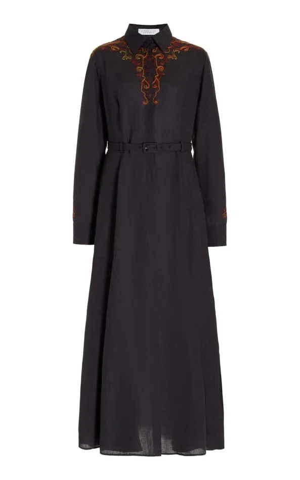 Women Dresses Gabriela Hearst Mcgraw Embroidered Shirtdress In Charcoal Aloe Linen