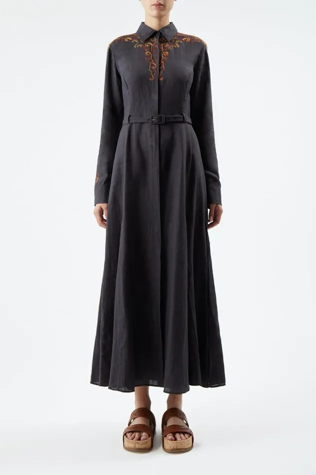 Women Dresses Gabriela Hearst Mcgraw Embroidered Shirtdress In Charcoal Aloe Linen