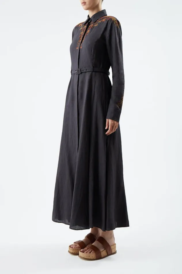 Women Dresses Gabriela Hearst Mcgraw Embroidered Shirtdress In Charcoal Aloe Linen