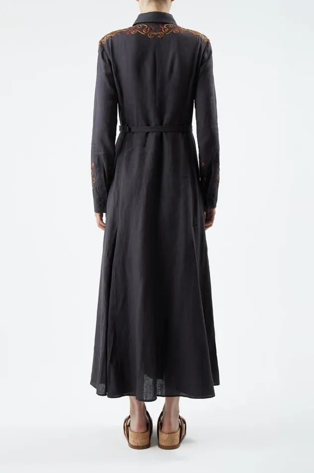 Women Dresses Gabriela Hearst Mcgraw Embroidered Shirtdress In Charcoal Aloe Linen