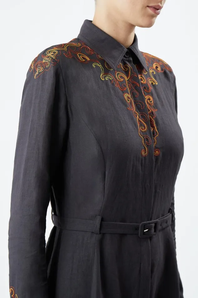 Women Dresses Gabriela Hearst Mcgraw Embroidered Shirtdress In Charcoal Aloe Linen