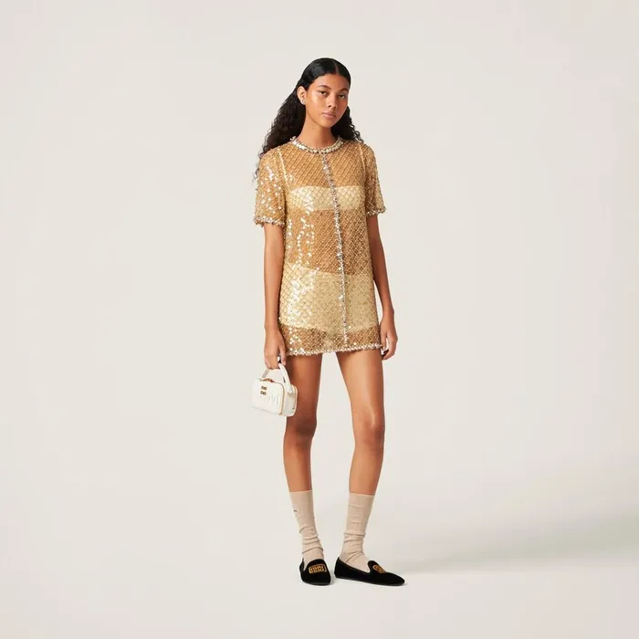 Women Dresses Miu Miu Embroidered Organza Minidress Sand Beige Women Dresses Miu Miu Embroidered Organza Minidress Sand Beige