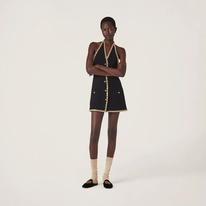 Women Dresses Miu Miu Embroidered Tweed Minidress Black Women Dresses Miu Miu Embroidered Tweed Minidress Black