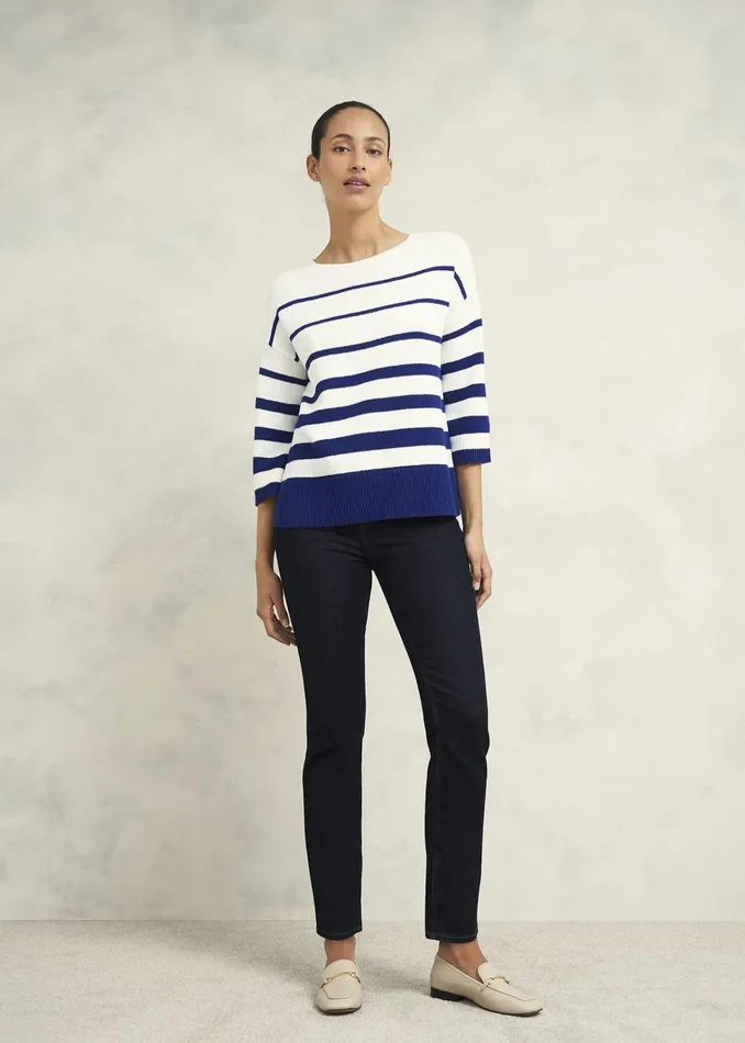 Women Elaine Stripe Cotton Blend Jumper Ivory Blue Hobbs Jumpers and Cardigans