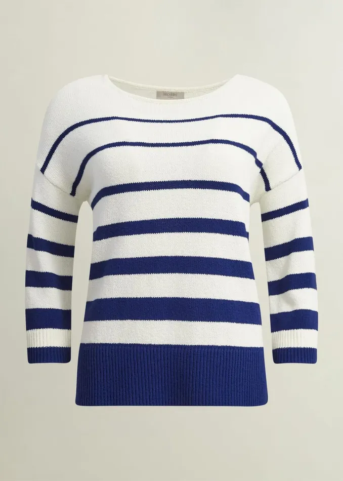 Women Elaine Stripe Cotton Blend Jumper Ivory Blue Hobbs Jumpers and Cardigans