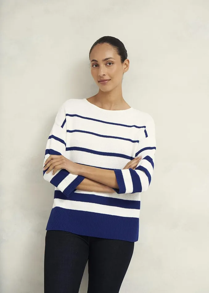 Women Elaine Stripe Cotton Blend Jumper Ivory Blue Hobbs Jumpers and Cardigans