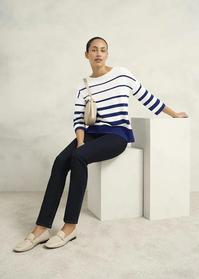 Women Elaine Stripe Cotton Blend Jumper Ivory Blue Hobbs Jumpers and Cardigans