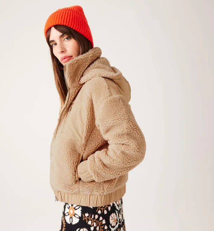 Women Faux Fleece Hooded Jacket 8211 Ecru Promod Coats