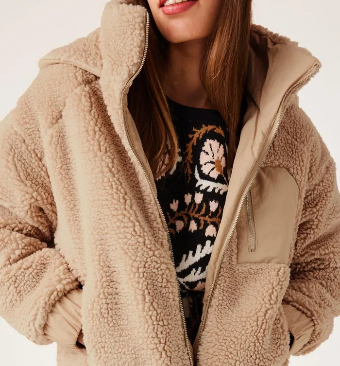 Women Faux Fleece Hooded Jacket 8211 Ecru Promod Coats