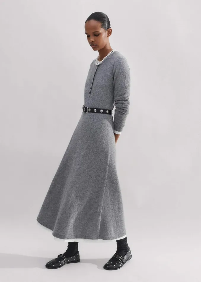 Women Fine Alpaca DoubleLayer Knit Midi Dress Dark Charcoal Melange MEEM