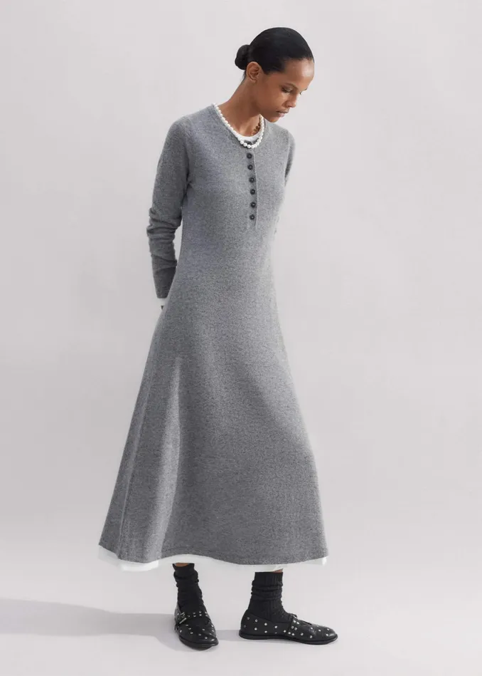 Women Fine Alpaca DoubleLayer Knit Midi Dress Dark Charcoal Melange MEEM