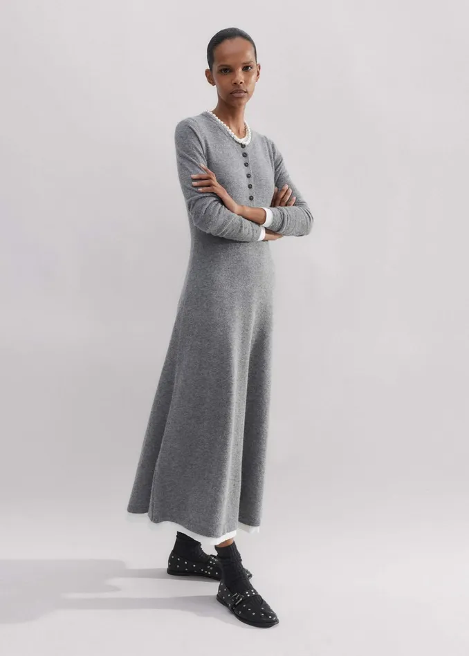 Women Fine Alpaca DoubleLayer Knit Midi Dress Dark Charcoal Melange MEEM