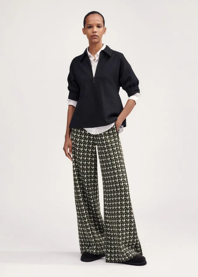 Women Houndstooth WideLeg Pant Blackdeep Autumn Olivecream MEEM