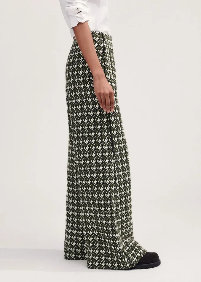 Women Houndstooth WideLeg Pant Blackdeep Autumn Olivecream MEEM