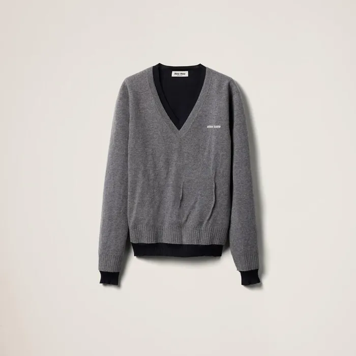 Women Knitwear Miu Miu Silk And Cashmere Vneck Sweater Greyblue