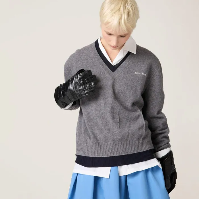 Women Knitwear Miu Miu Silk And Cashmere Vneck Sweater Greyblue Women Knitwear Miu Miu Silk And Cashmere Vneck Sweater Greyblue