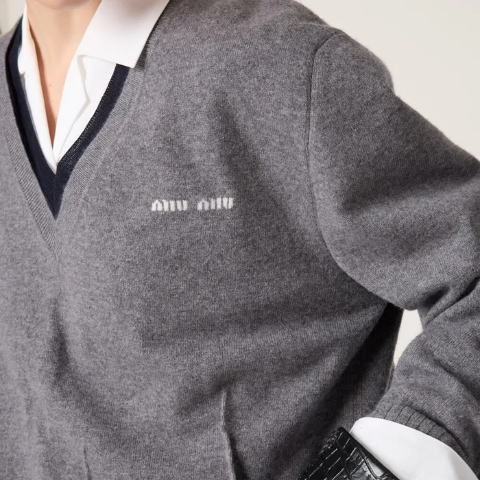 Women Knitwear Miu Miu Silk And Cashmere Vneck Sweater Greyblue Women Knitwear Miu Miu Silk And Cashmere Vneck Sweater Greyblue
