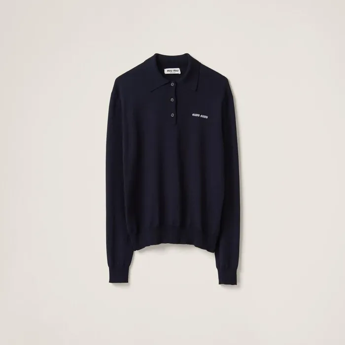 Women Knitwear Miu Miu Wool Knit Polo Shirt Navy