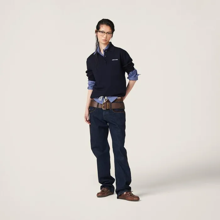 Women Knitwear Miu Miu Wool Knit Polo Shirt Navy