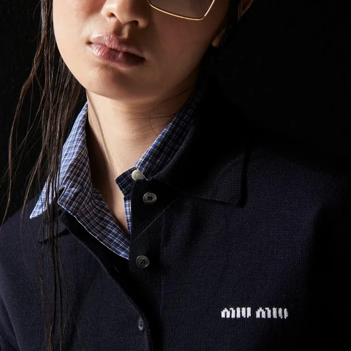 Women Knitwear Miu Miu Wool Knit Polo Shirt Navy