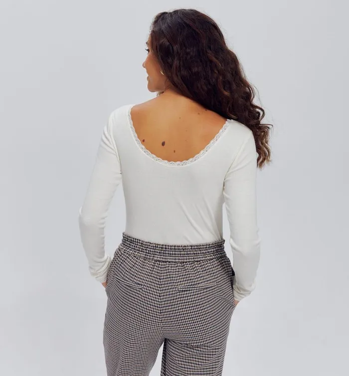 Women Lace Detail Ribbed Top 8211 Ecru Promod Tops