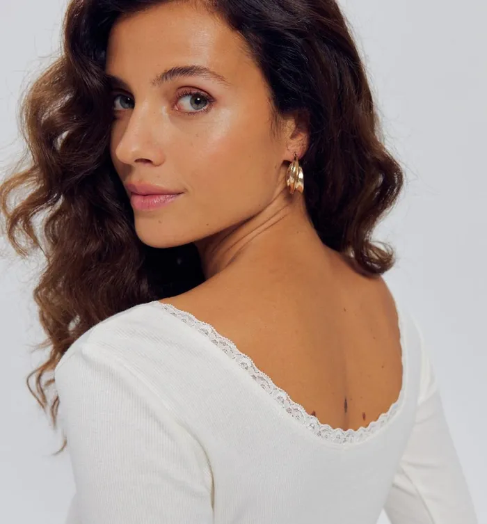 Women Lace Detail Ribbed Top 8211 Ecru Promod Tops