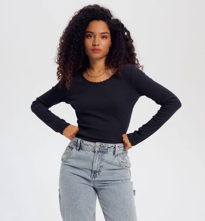 Women Lace Detail Ribbed Top 8211 Navy Blue Promod Tops
