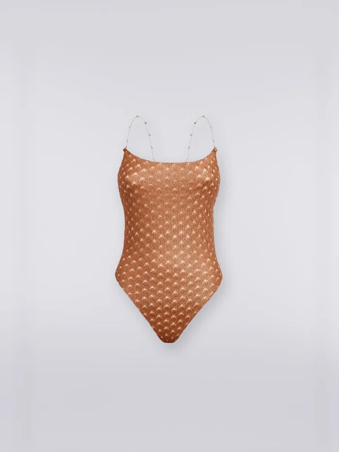 Women LaceEffect OnePiece Swimming Costume With Chain And Gem Straps Brown Lam Missoni Swimsuits Women LaceEffect OnePiece Swimming Costume With Chain And Gem Straps Brown Lam Missoni Swimsuits
