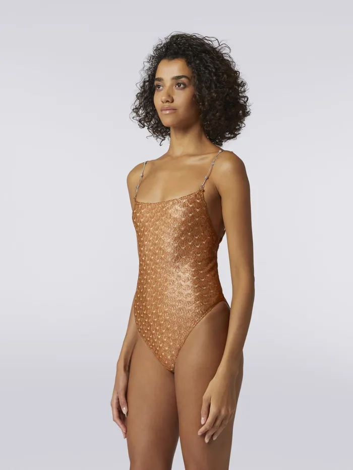 Women LaceEffect OnePiece Swimming Costume With Chain And Gem Straps Brown Lam Missoni Swimsuits