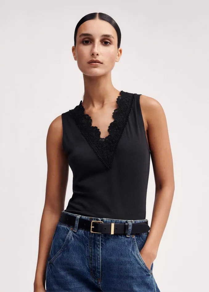 Women Lace Trim Layering Tank Black MEEM