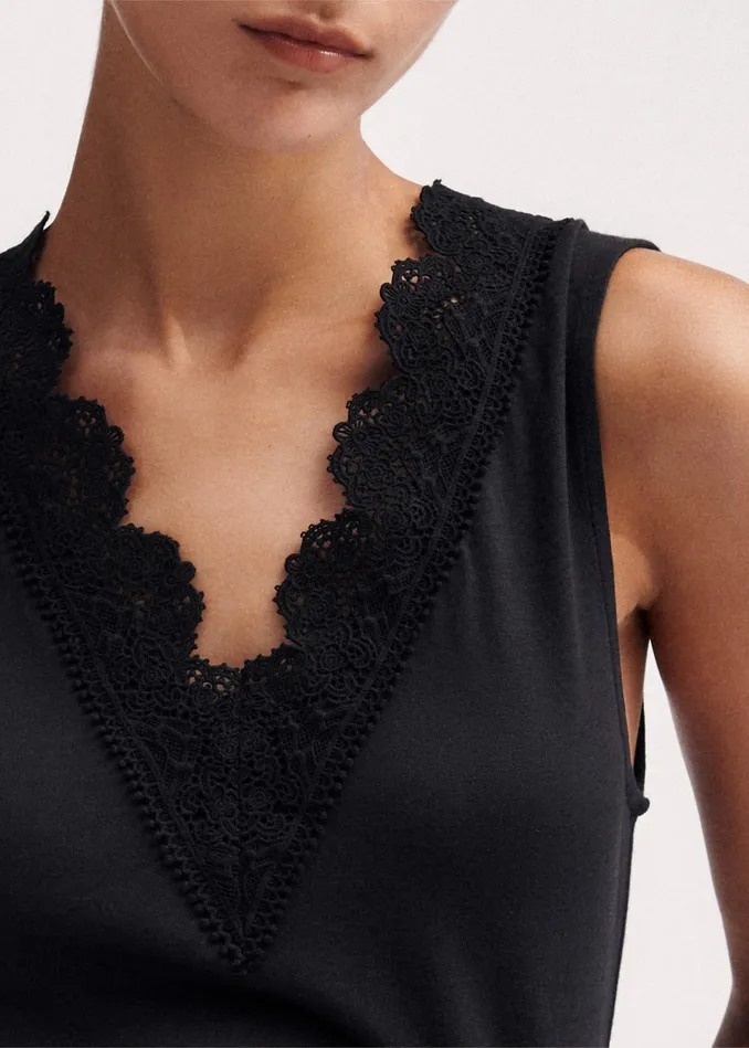 Women Lace Trim Layering Tank Black MEEM
