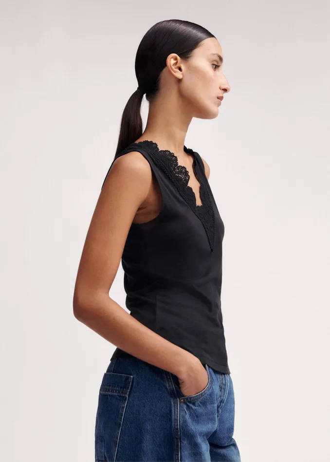 Women Lace Trim Layering Tank Black MEEM