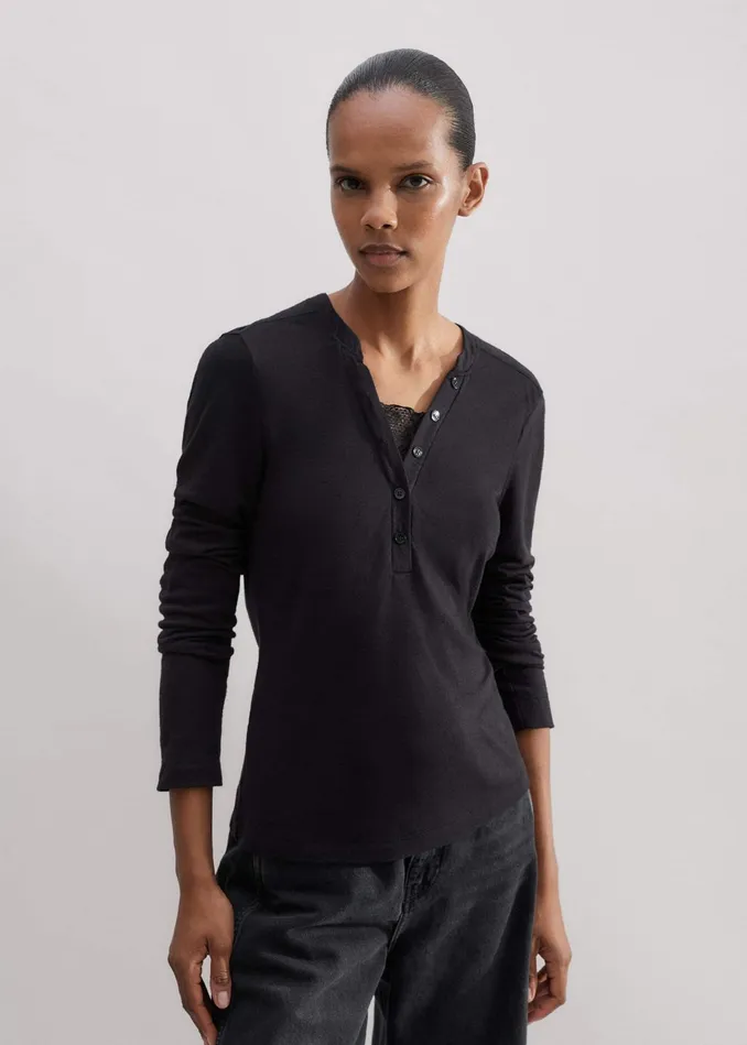 Women Lace Trim Long Sleeve Top Black MEEM