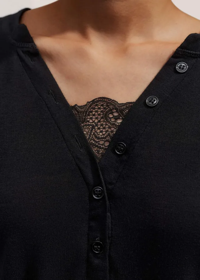 Women Lace Trim Long Sleeve Top Black MEEM
